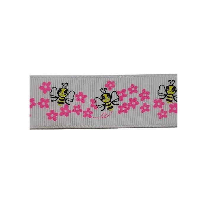 Лента репсовая с рисунком "Пчёлки и розовые цветы" 25 мм