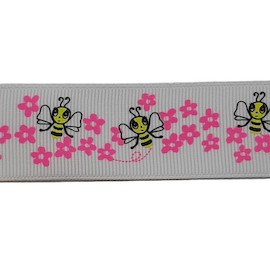 Лента репсовая с рисунком "Пчёлки и розовые цветы" 25 мм