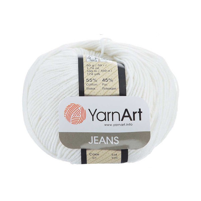 YarnArt JEANS 01 белый 55% хлопок, 45% полиакрил.160 м 50 г